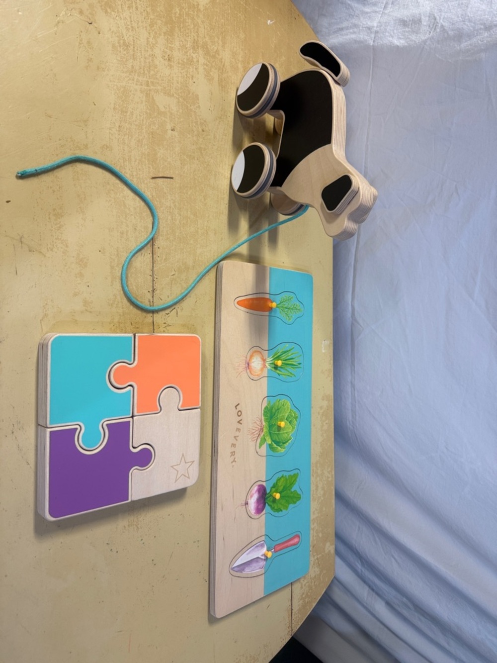 LOVEVERY Wooden Gardening Puzzle & Pull Toy Set - Purple, Teal, Orange
